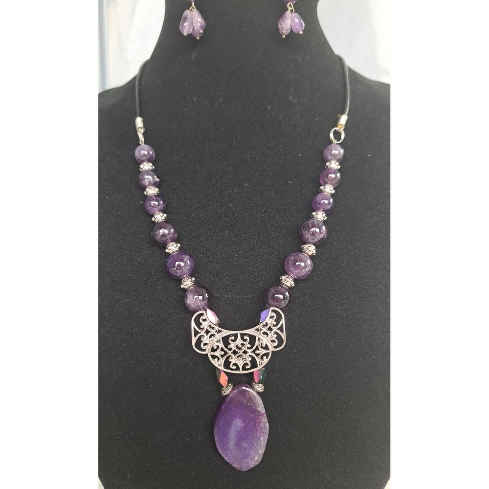 Gemstone Fashion Jewelry Set Necklace Earrings Beaded Amethyst Leather Cord